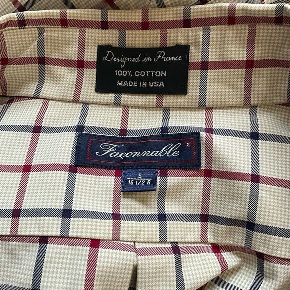 Faconnable Men's Classic Fit Dress Shirt Size 16.5 Long Sleeve Plaid Made in USA - Picture 10 of 11